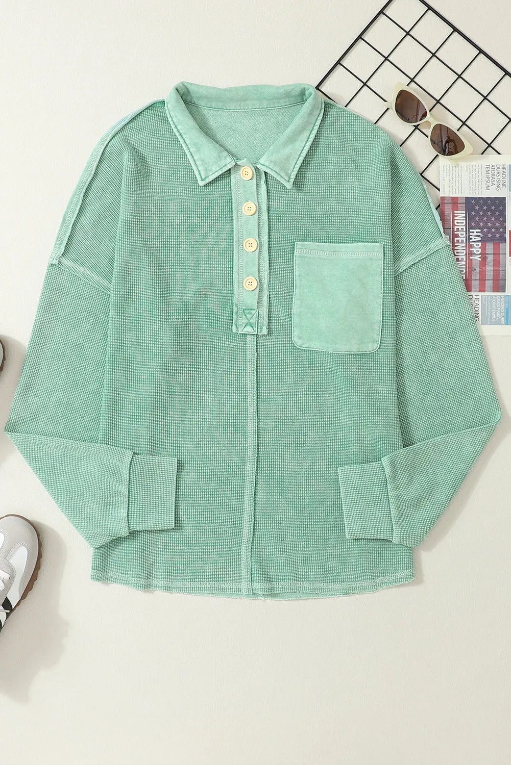 Laurel Green Waffle Exposed Seam Pocket Henley Sweatshirt