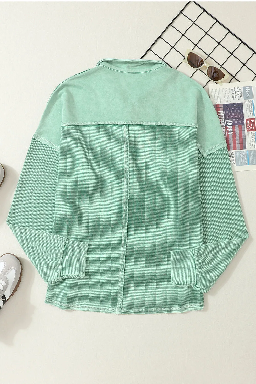 Laurel Green Waffle Exposed Seam Pocket Henley Sweatshirt