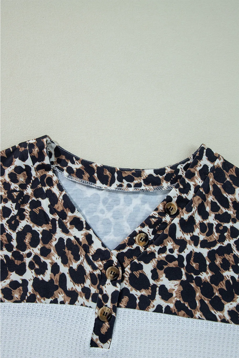 Leopard Waffle Knit Patchwork Button V Neck Top