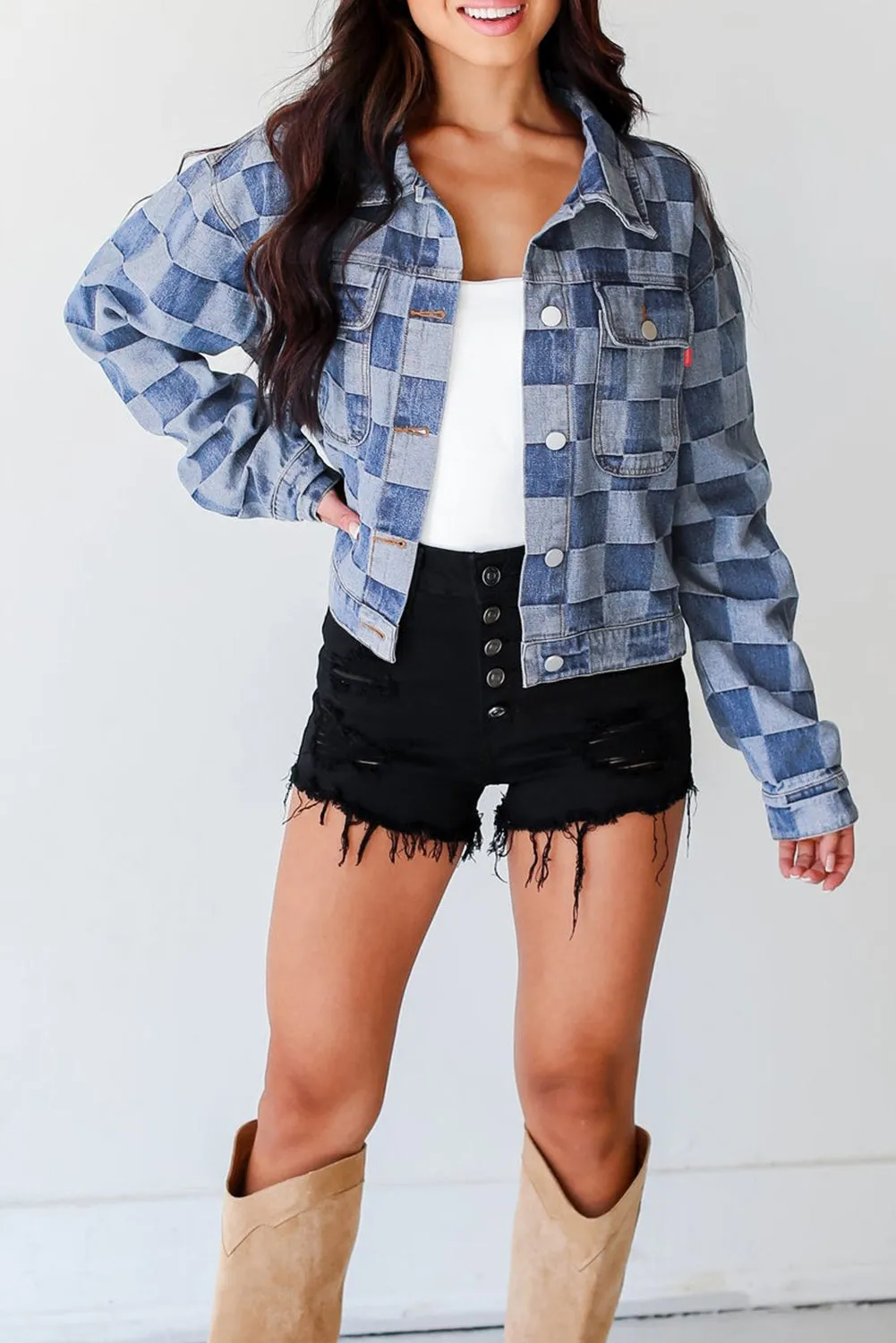 Light Blue Checkered Patchwork Button up Denim Jacket