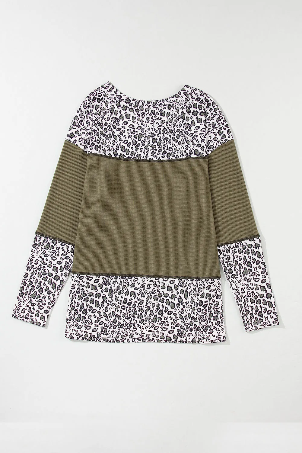 Light Pink Leopard Print Waffle Knit Patchwork Top