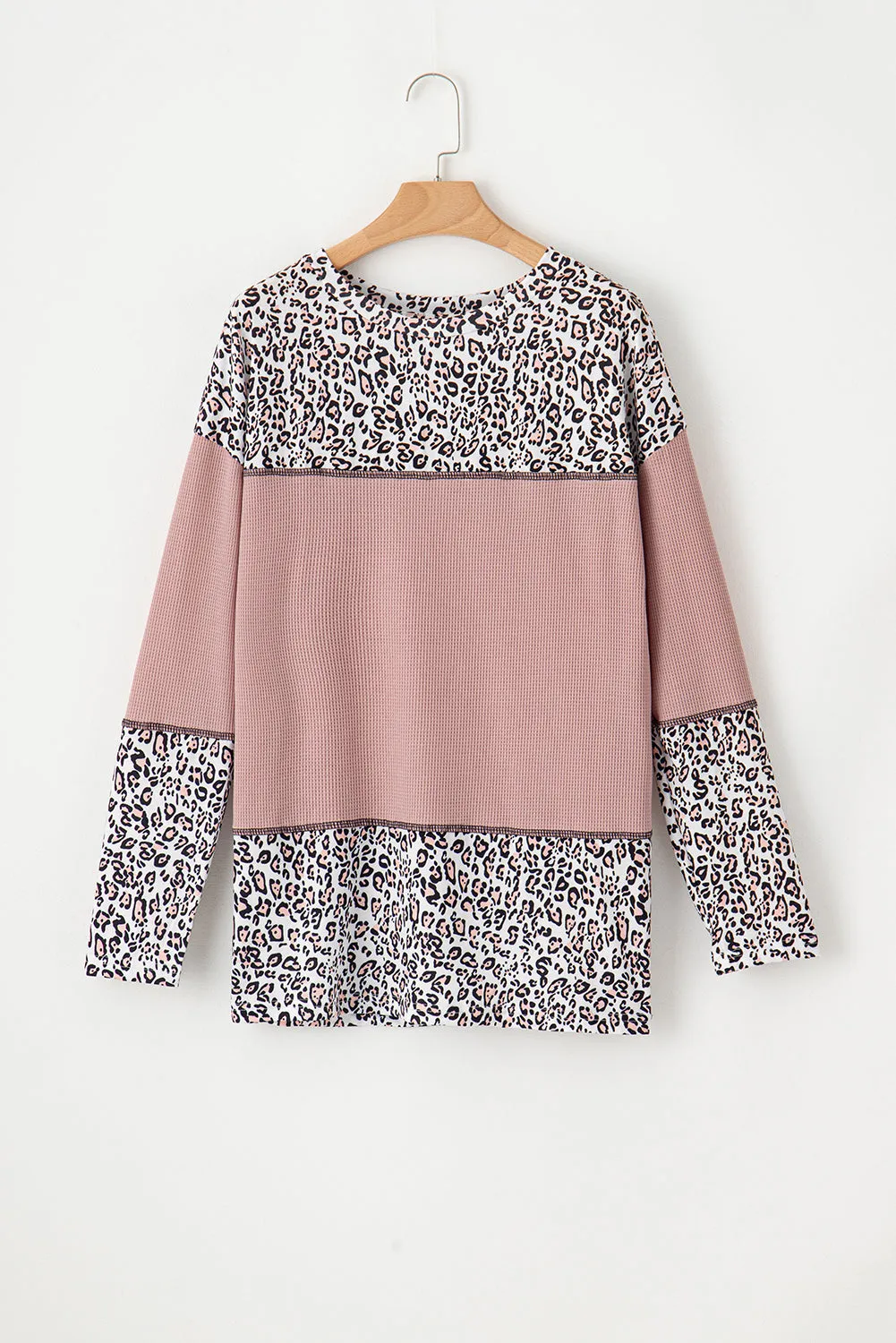 Light Pink Leopard Print Waffle Knit Patchwork Top