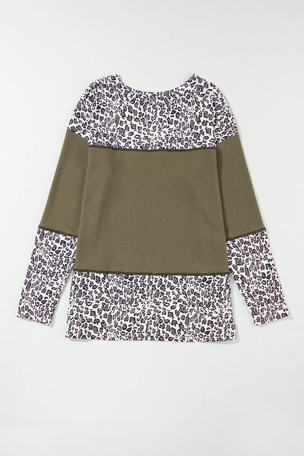 Light Pink Leopard Print Waffle Knit Patchwork Top