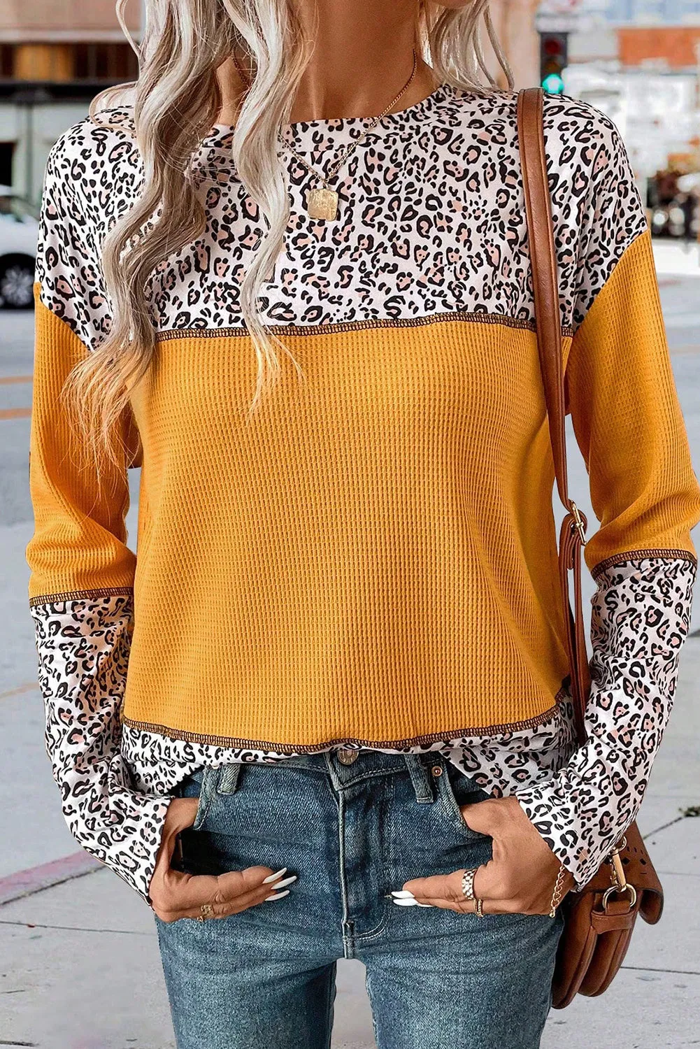 Light Pink Leopard Print Waffle Knit Patchwork Top