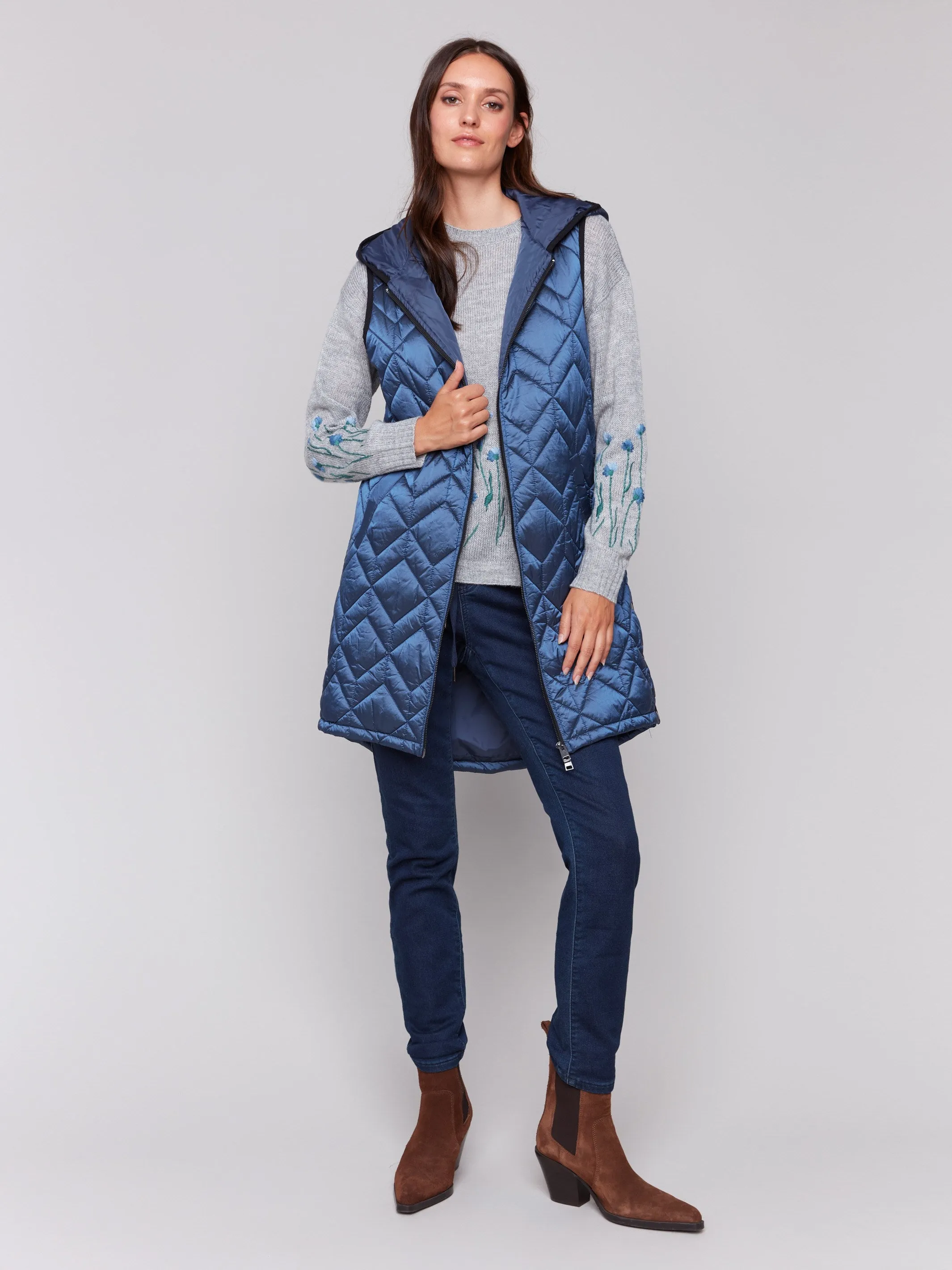 Long Quilted Puffer Vest with Hood - Glacier