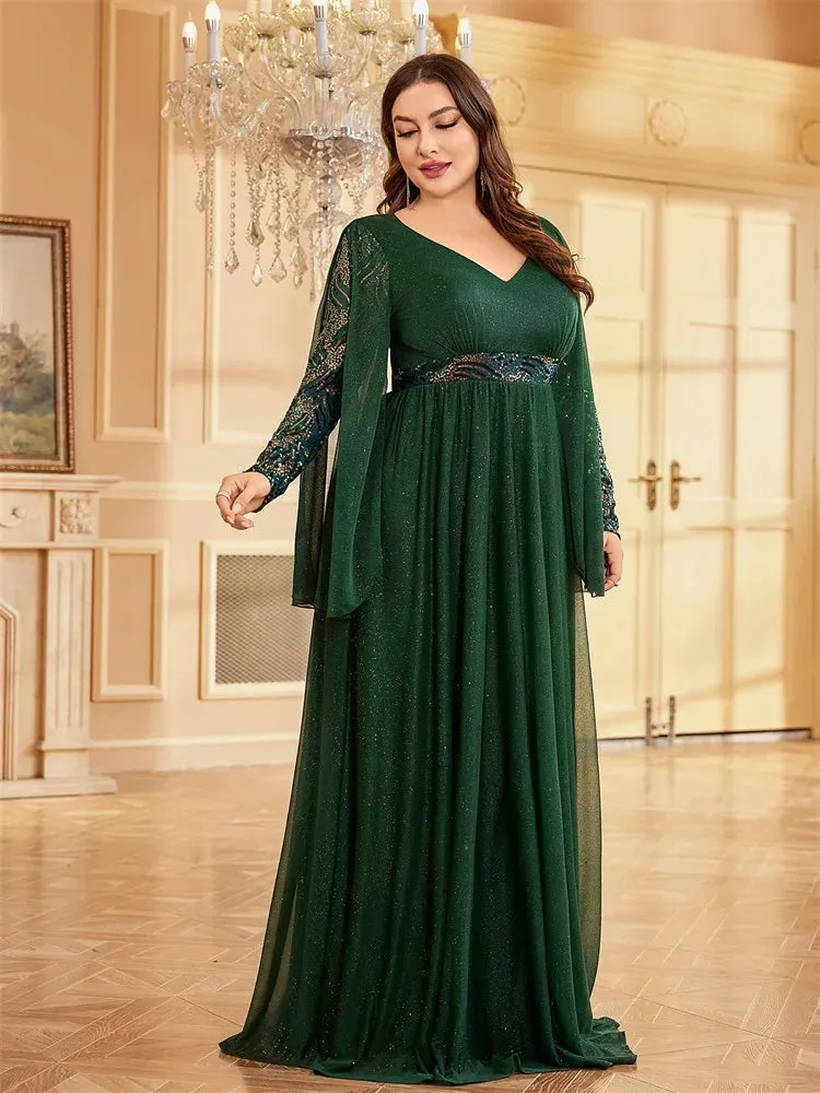 Lucyinlove Plus Size Long Sleeves Sequin Floor Length Green Evening Dress 2024 Sparkle Bling Bling Family Party Cocktail Dress