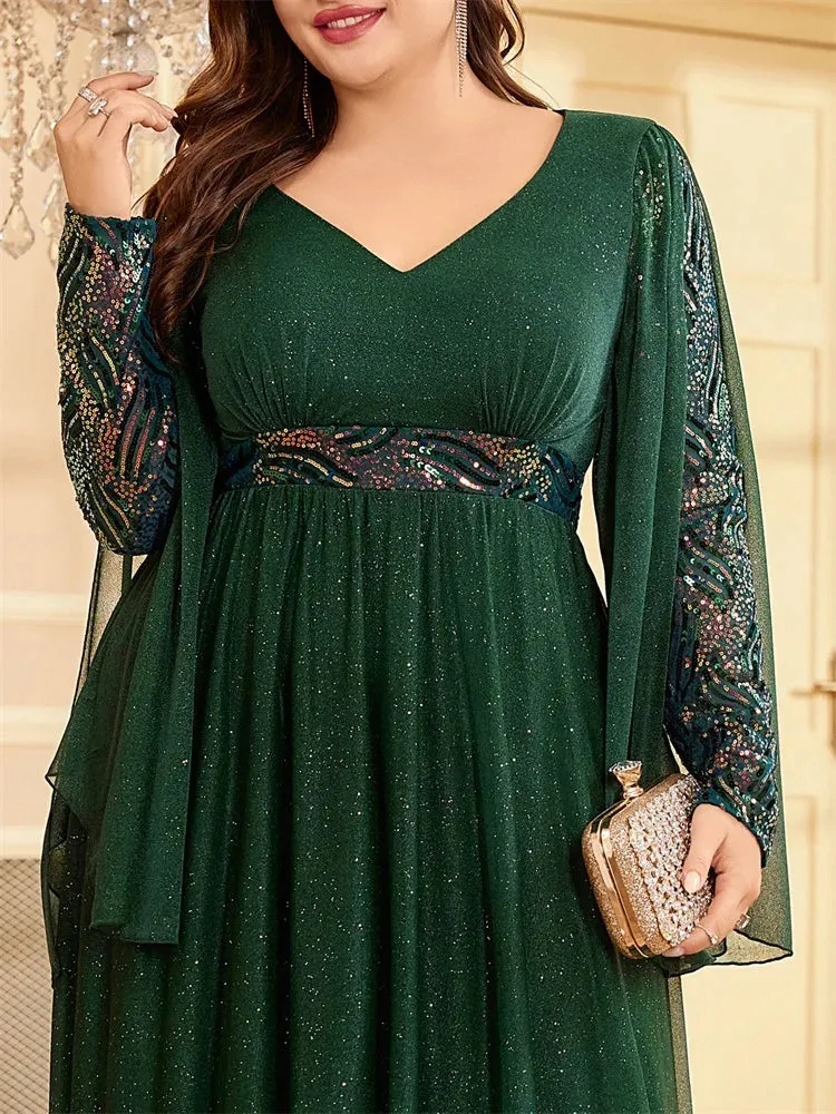 Lucyinlove Plus Size Long Sleeves Sequin Floor Length Green Evening Dress 2024 Sparkle Bling Bling Family Party Cocktail Dress