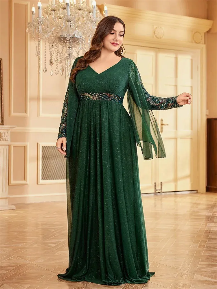 Lucyinlove Plus Size Long Sleeves Sequin Floor Length Green Evening Dress 2024 Sparkle Bling Bling Family Party Cocktail Dress