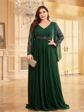 Lucyinlove Plus Size Long Sleeves Sequin Floor Length Green Evening Dress 2024 Sparkle Bling Bling Family Party Cocktail Dress