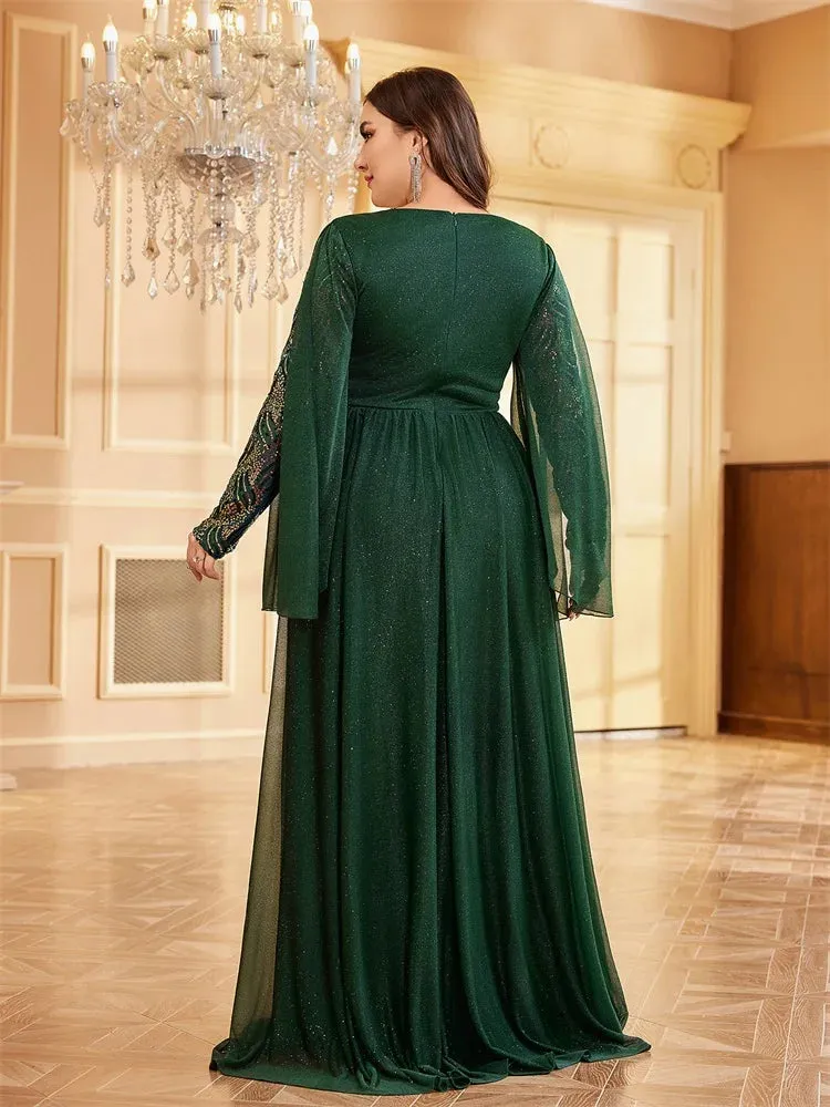 Lucyinlove Plus Size Long Sleeves Sequin Floor Length Green Evening Dress 2024 Sparkle Bling Bling Family Party Cocktail Dress