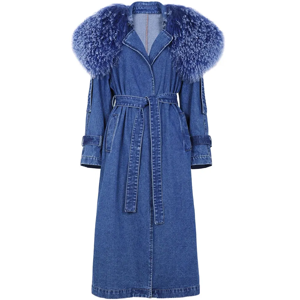 Luxury Denim Trench Coat With Genuine Fur Collar