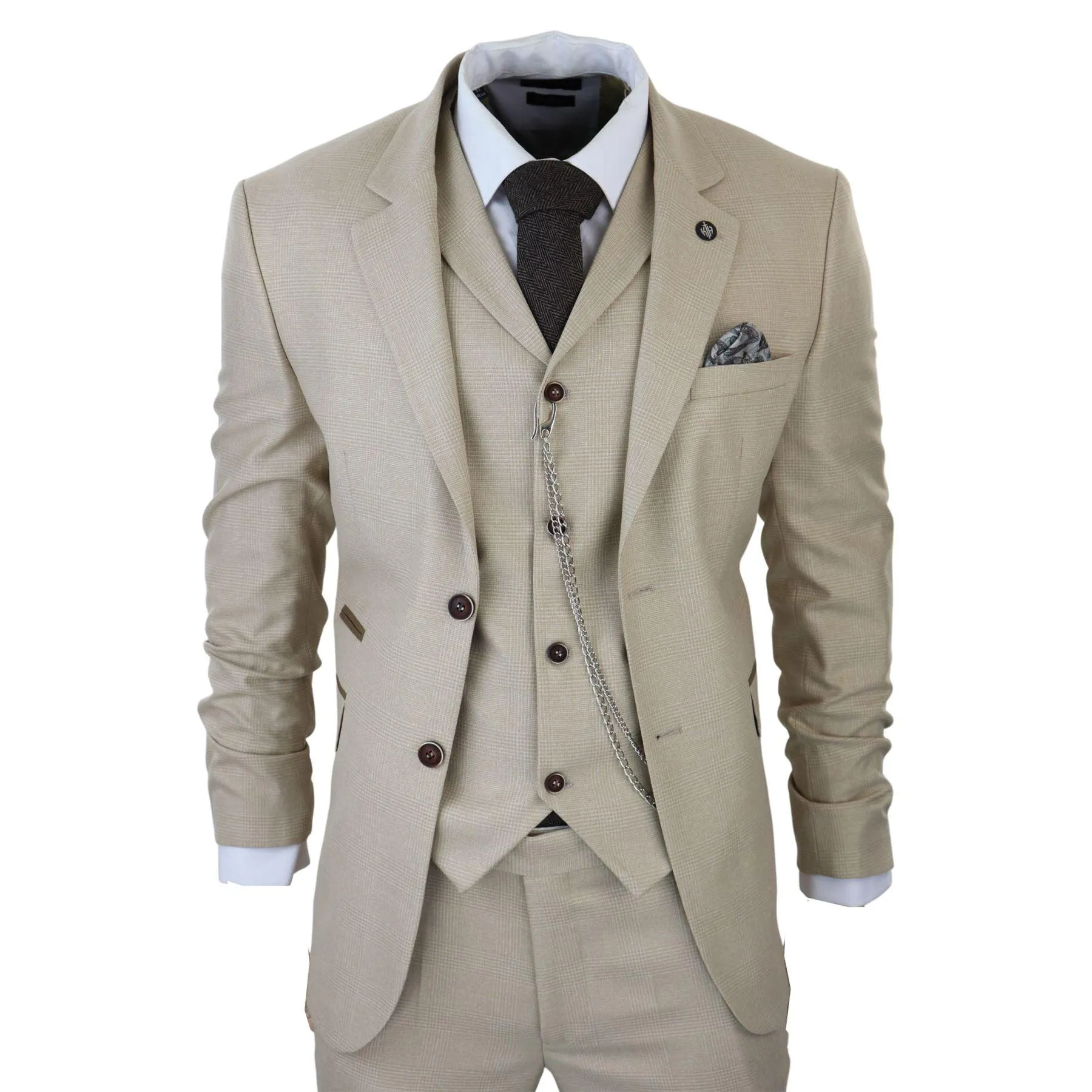 Mens 3 Piece Suit Prince Of Wales Check Cream Beige Tailored Fit Vintage Wedding