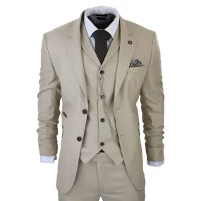 Mens 3 Piece Suit Prince Of Wales Check Cream Beige Tailored Fit Vintage Wedding