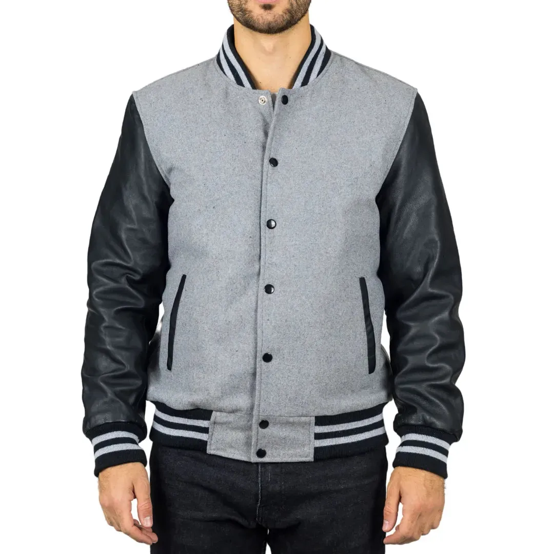 Men's Grey Black Varsity Bomber Jacket