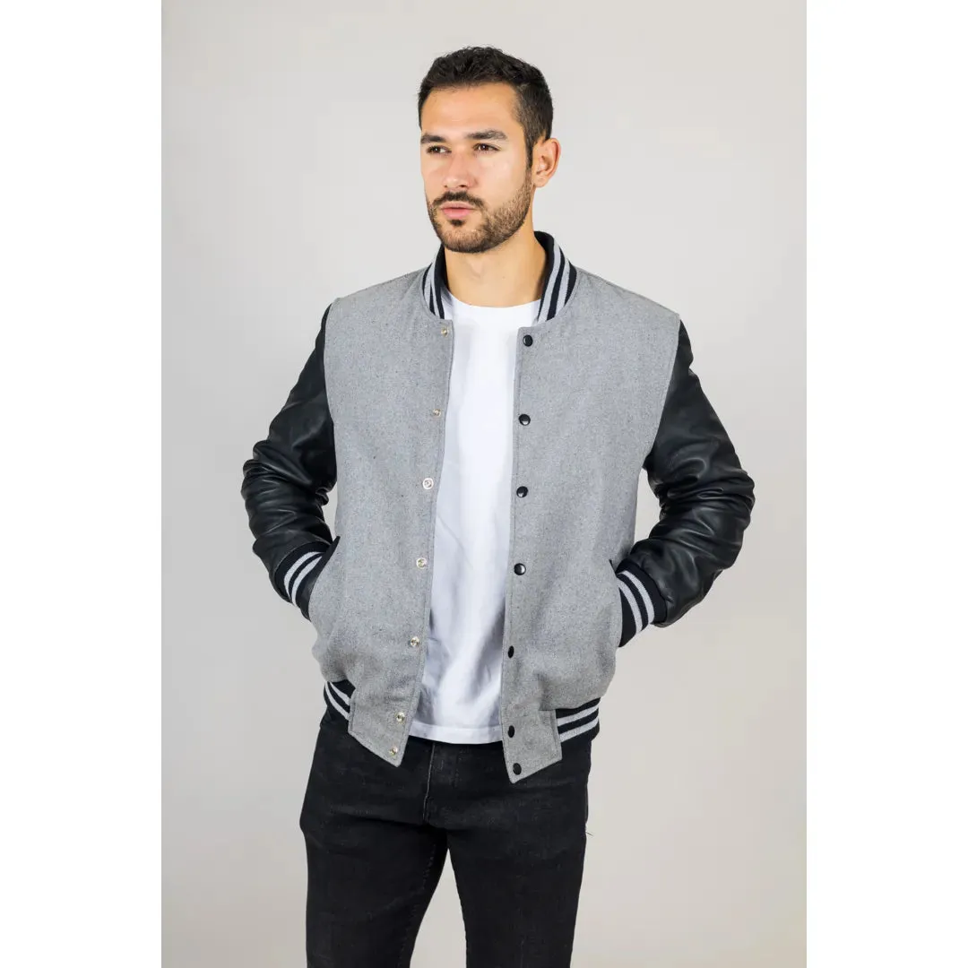 Men's Grey Black Varsity Bomber Jacket