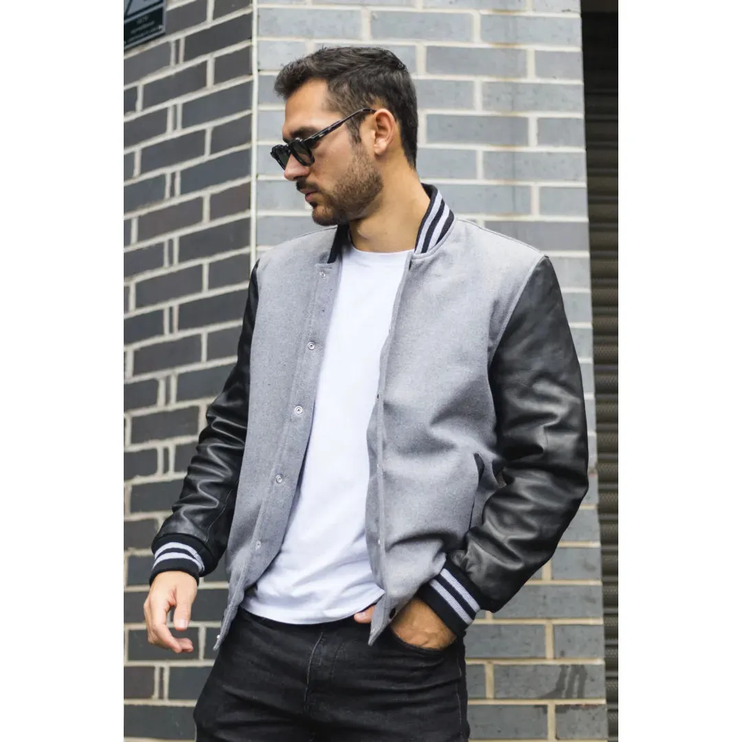 Men's Grey Black Varsity Bomber Jacket