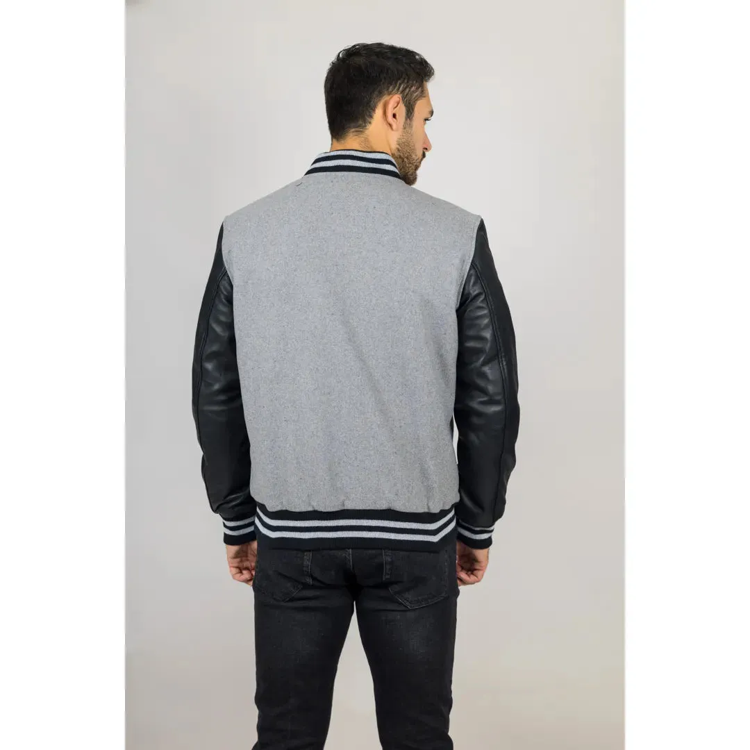 Men's Grey Black Varsity Bomber Jacket