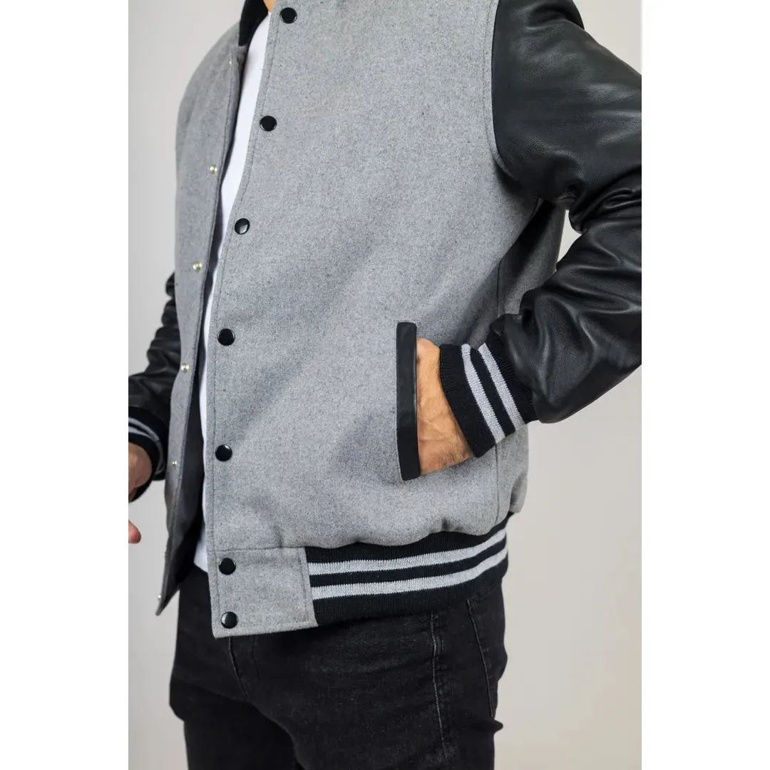 Men's Grey Black Varsity Bomber Jacket