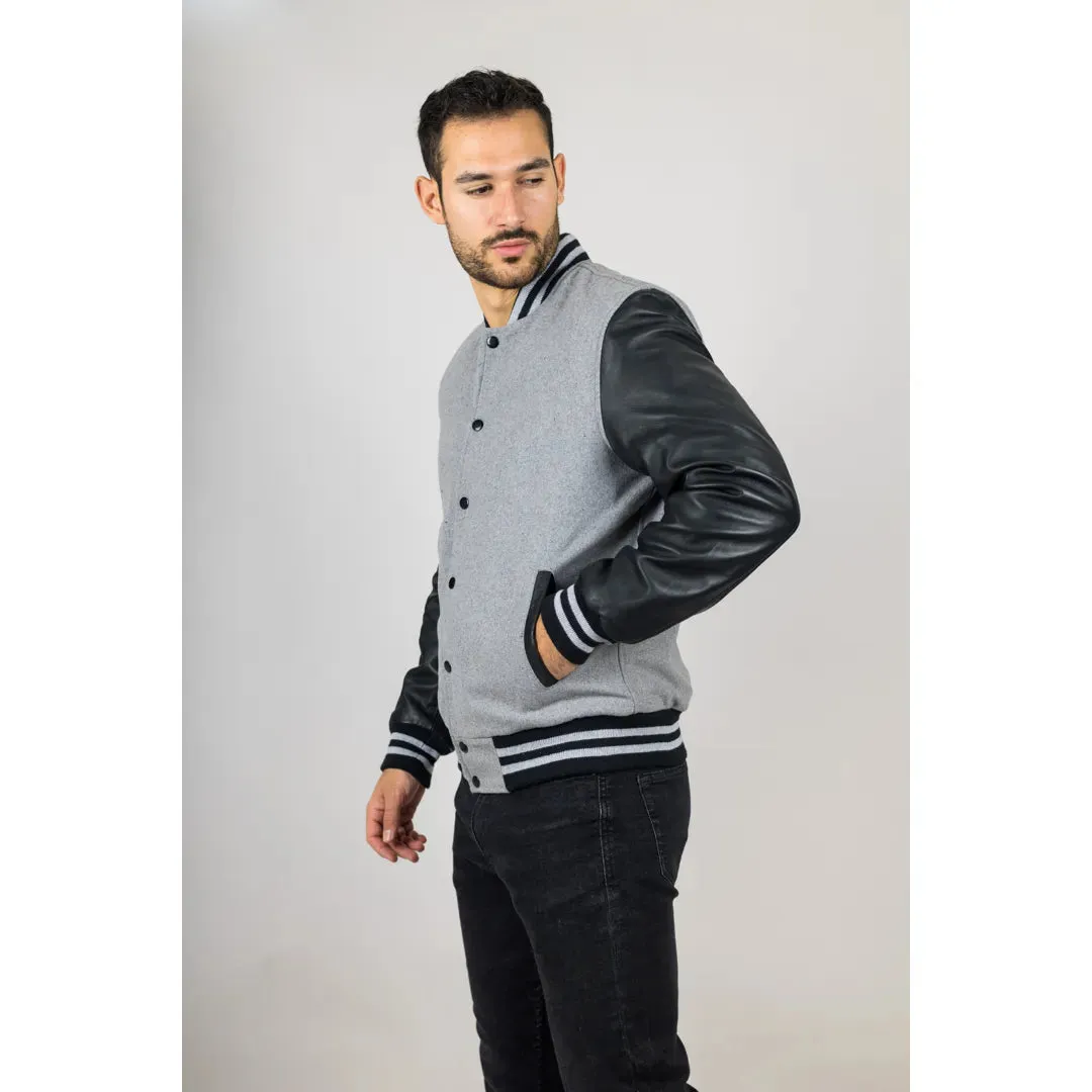 Men's Grey Black Varsity Bomber Jacket