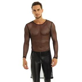 Mens Long Fishnet Top with Slit Front Black