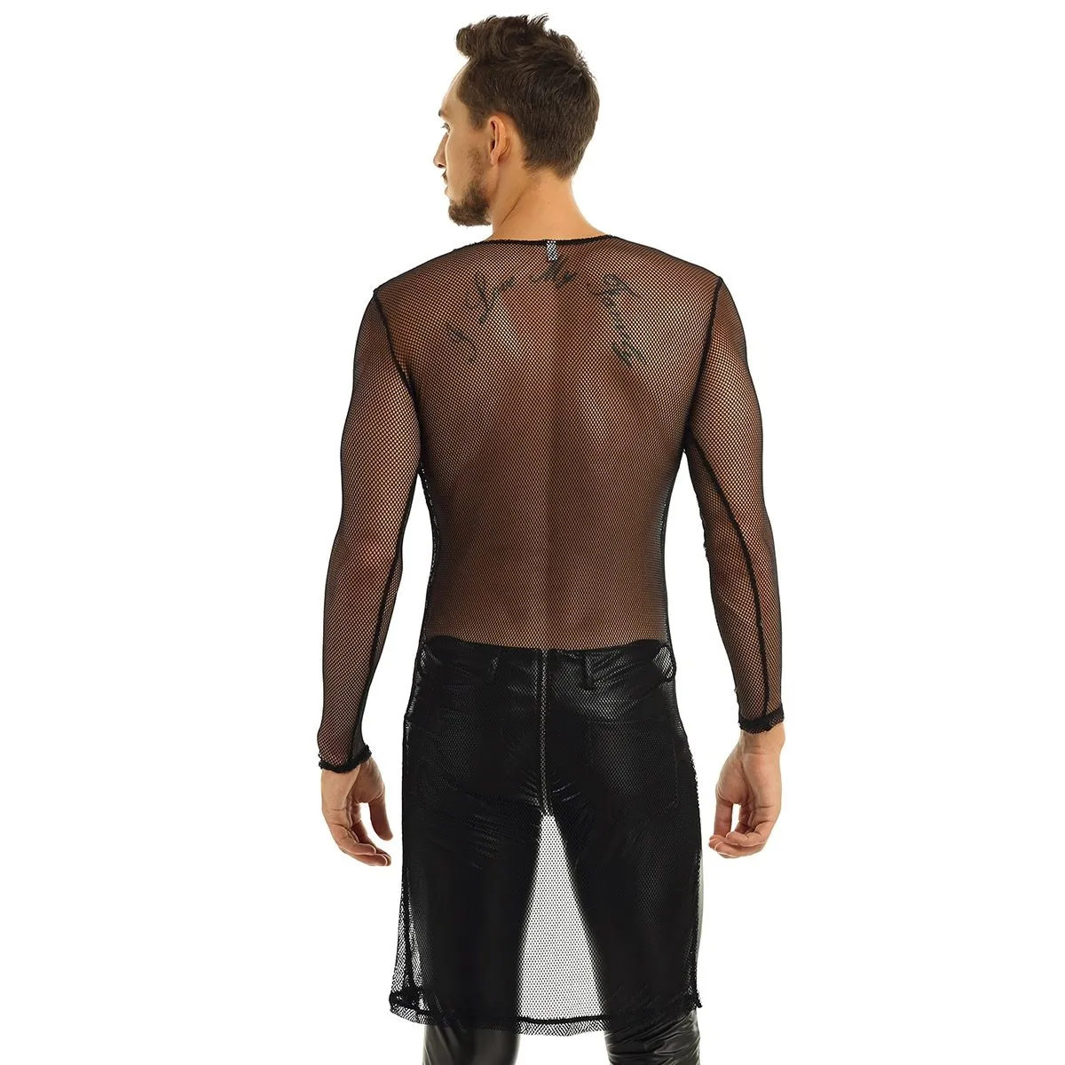 Mens Long Fishnet Top with Slit Front Black