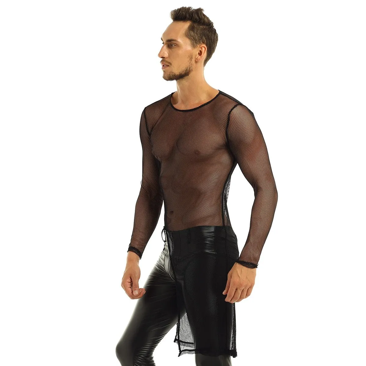 Mens Long Fishnet Top with Slit Front Black