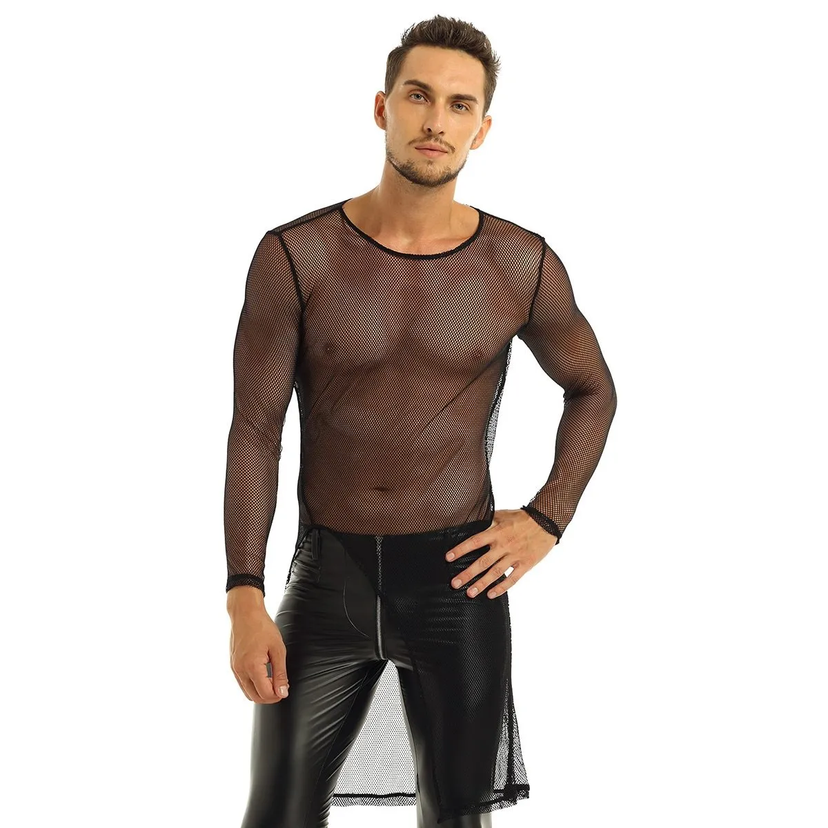 Mens Long Fishnet Top with Slit Front Black