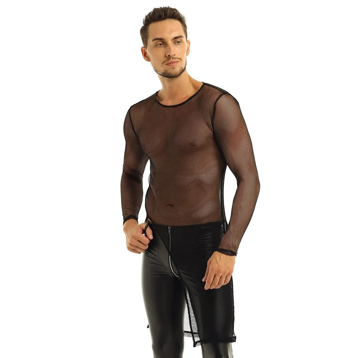 Mens Long Fishnet Top with Slit Front Black