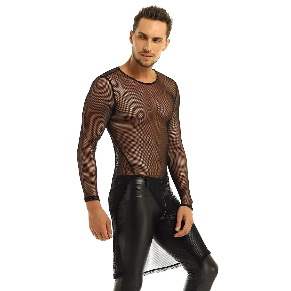 Mens Long Fishnet Top with Slit Front Black