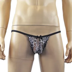 Mens Sassy Stretch Glitter Lace Pouch G string Black & Silver