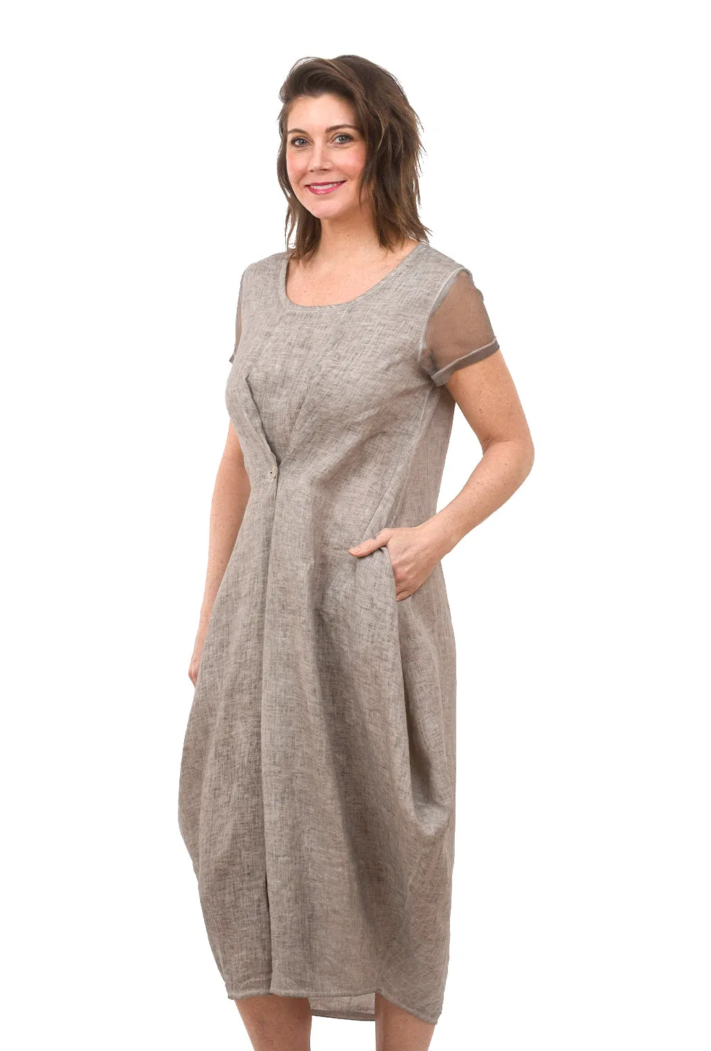 Mesh Sleeve Linen Dress, Beige