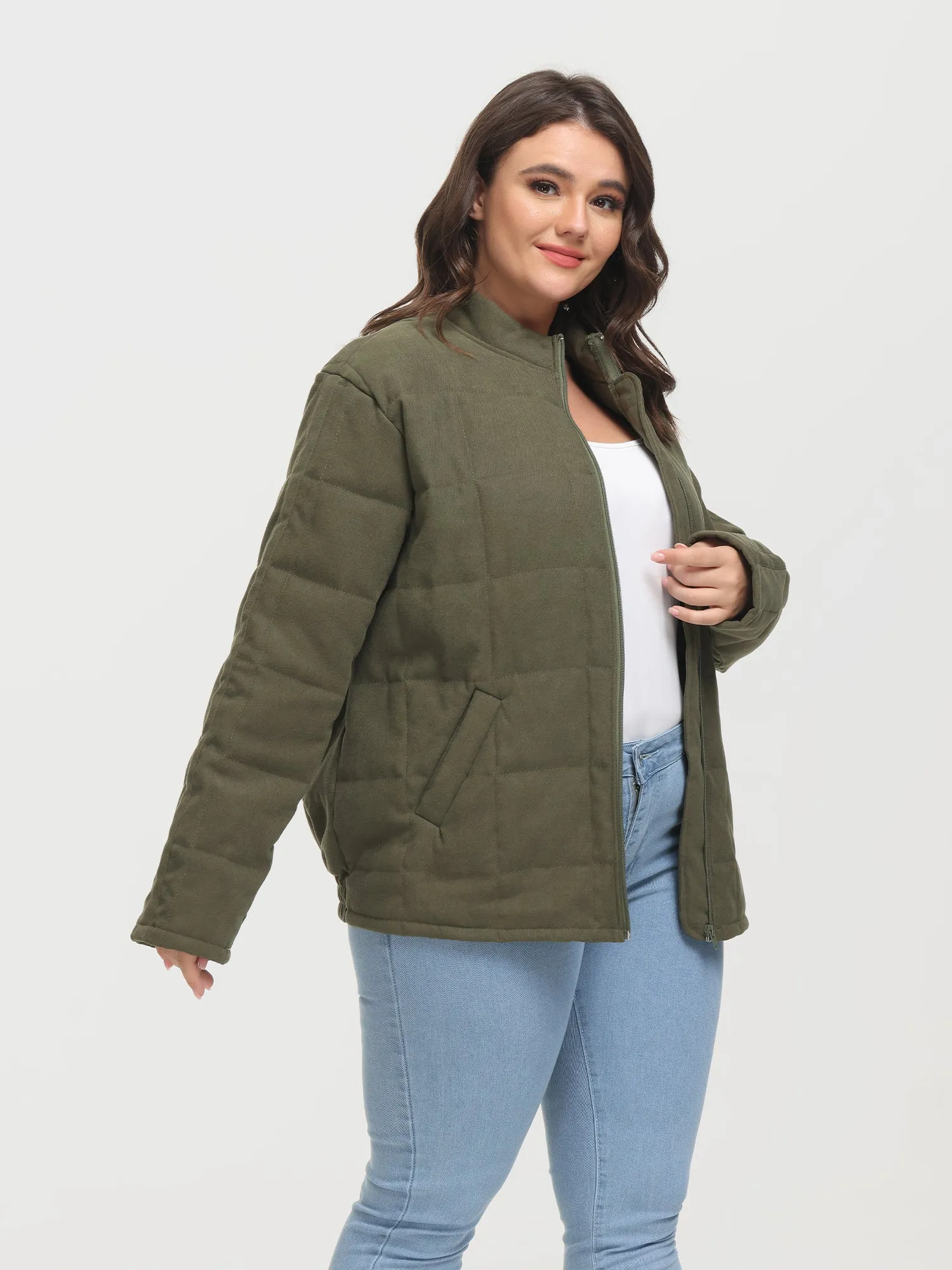 Midsize Zip-Up Long Sleeve Quilt Jacket with Pockets