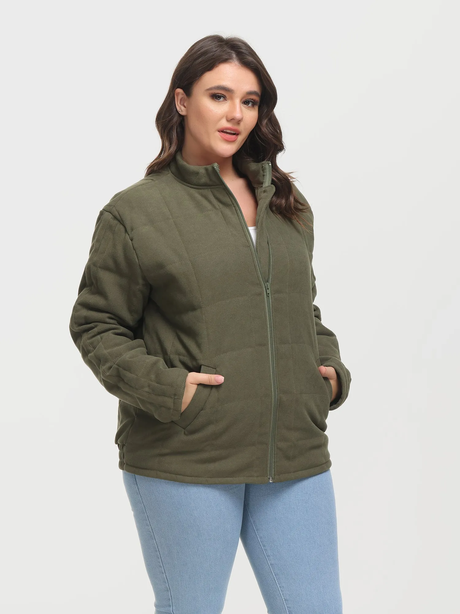 Midsize Zip-Up Long Sleeve Quilt Jacket with Pockets