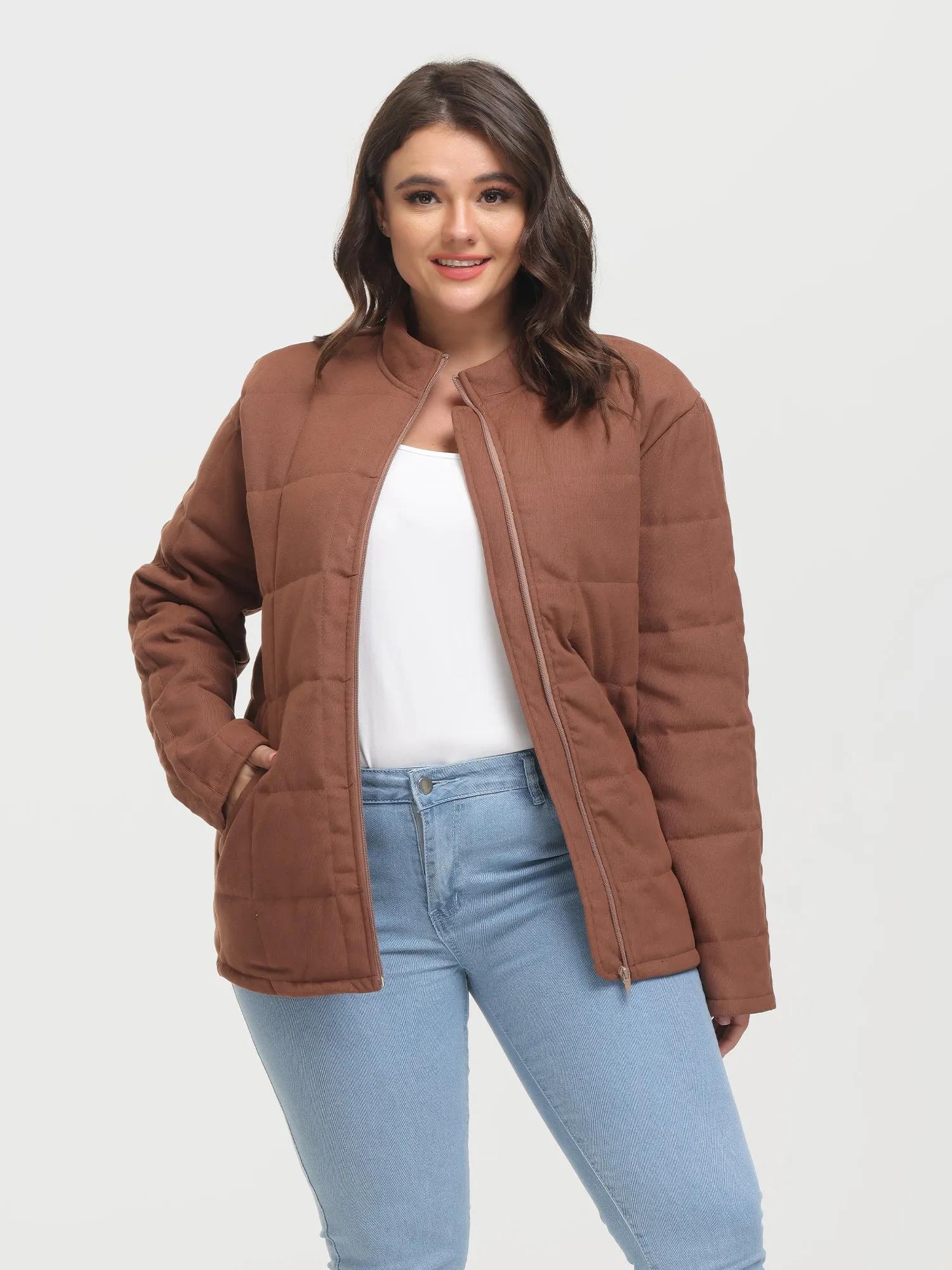 Midsize Zip-Up Long Sleeve Quilt Jacket with Pockets