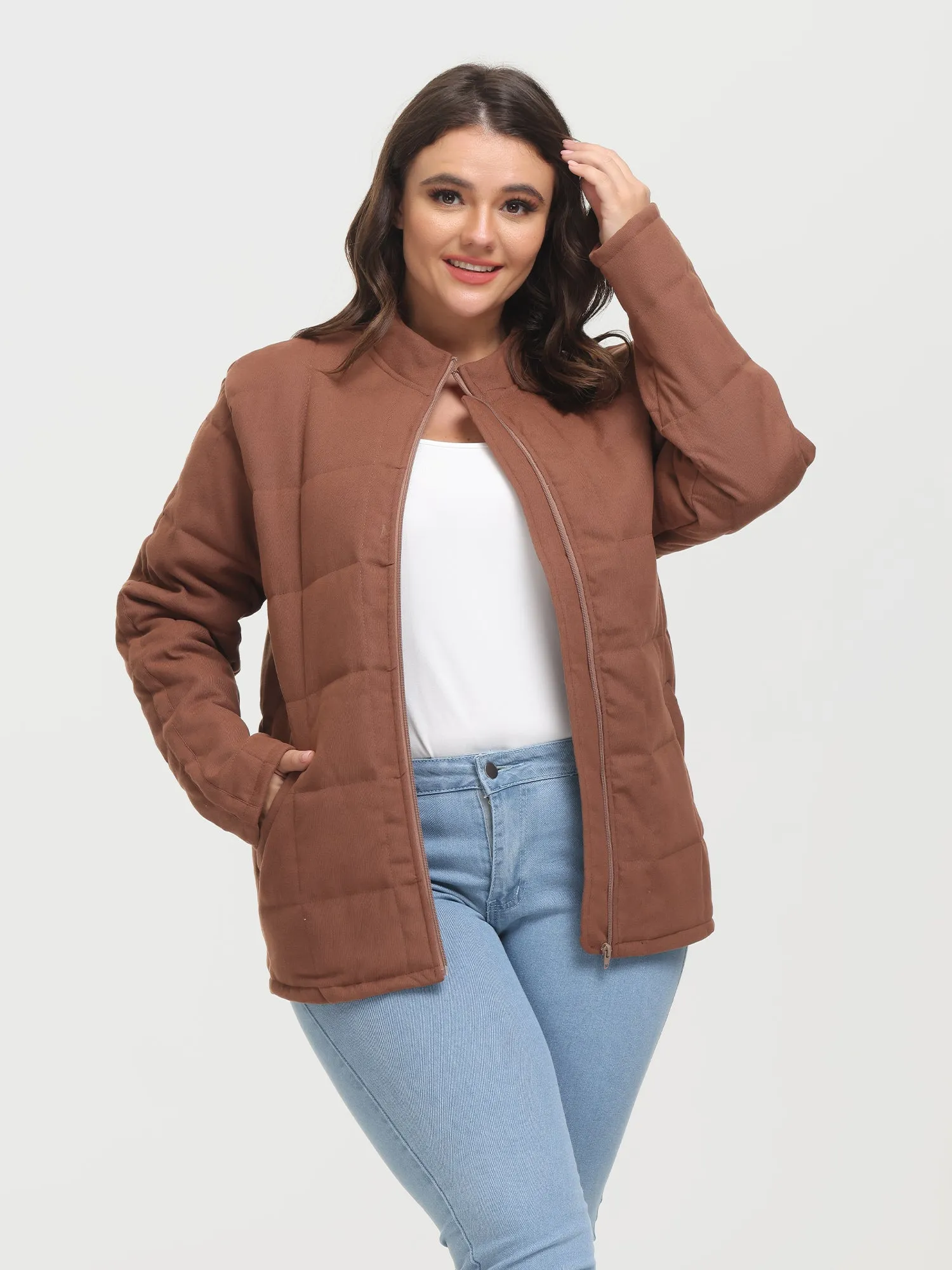 Midsize Zip-Up Long Sleeve Quilt Jacket with Pockets