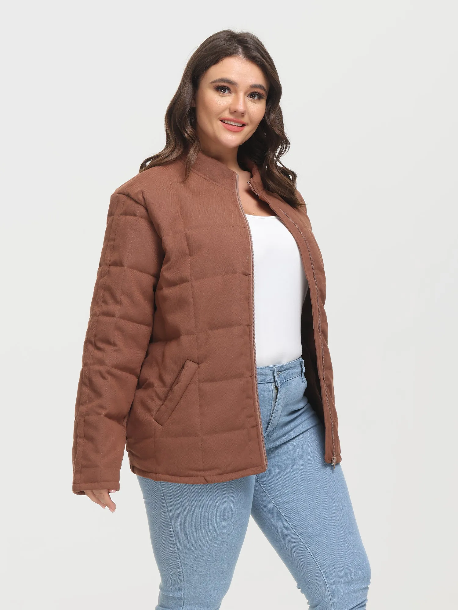 Midsize Zip-Up Long Sleeve Quilt Jacket with Pockets