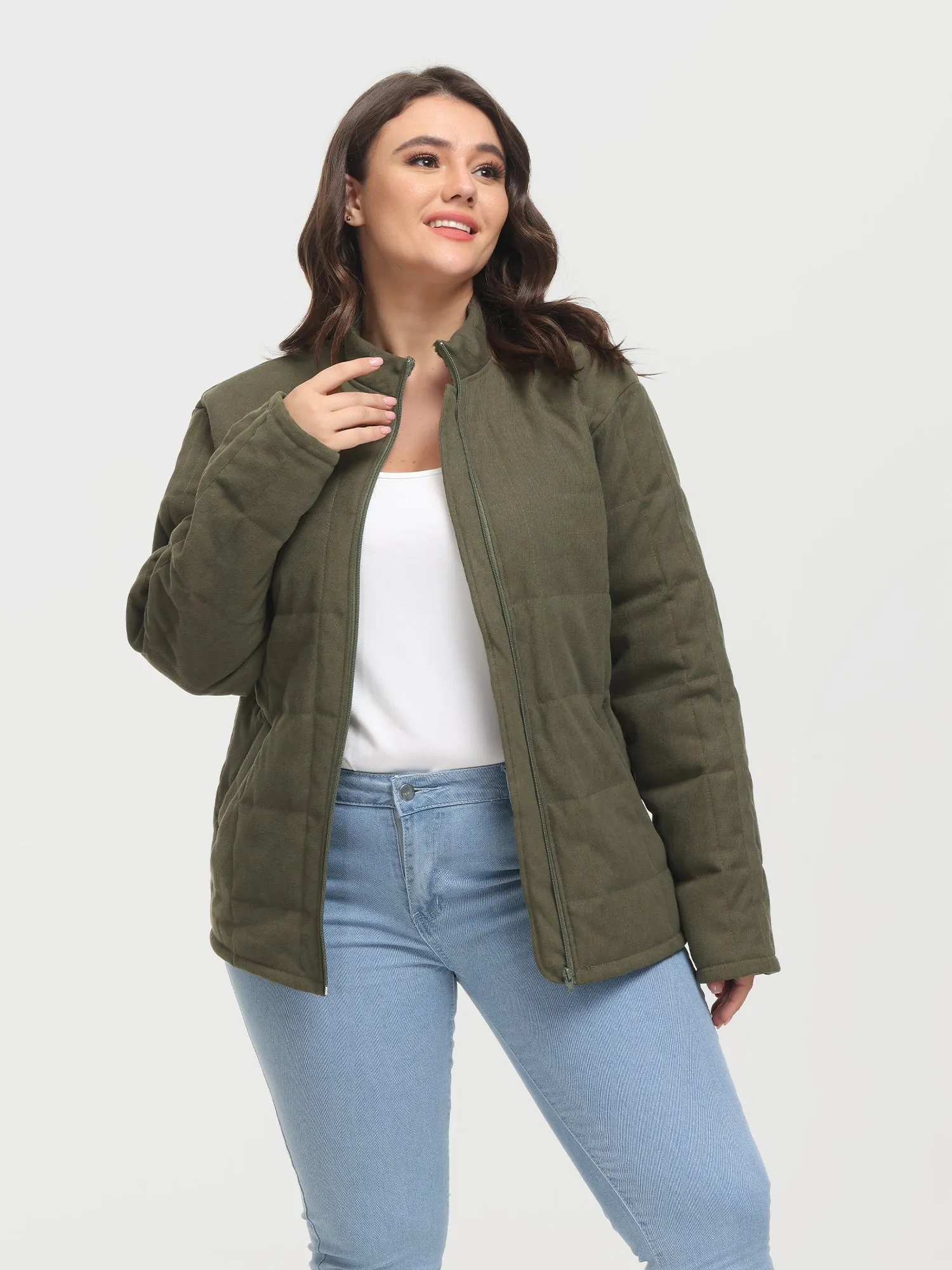 Midsize Zip-Up Long Sleeve Quilt Jacket with Pockets