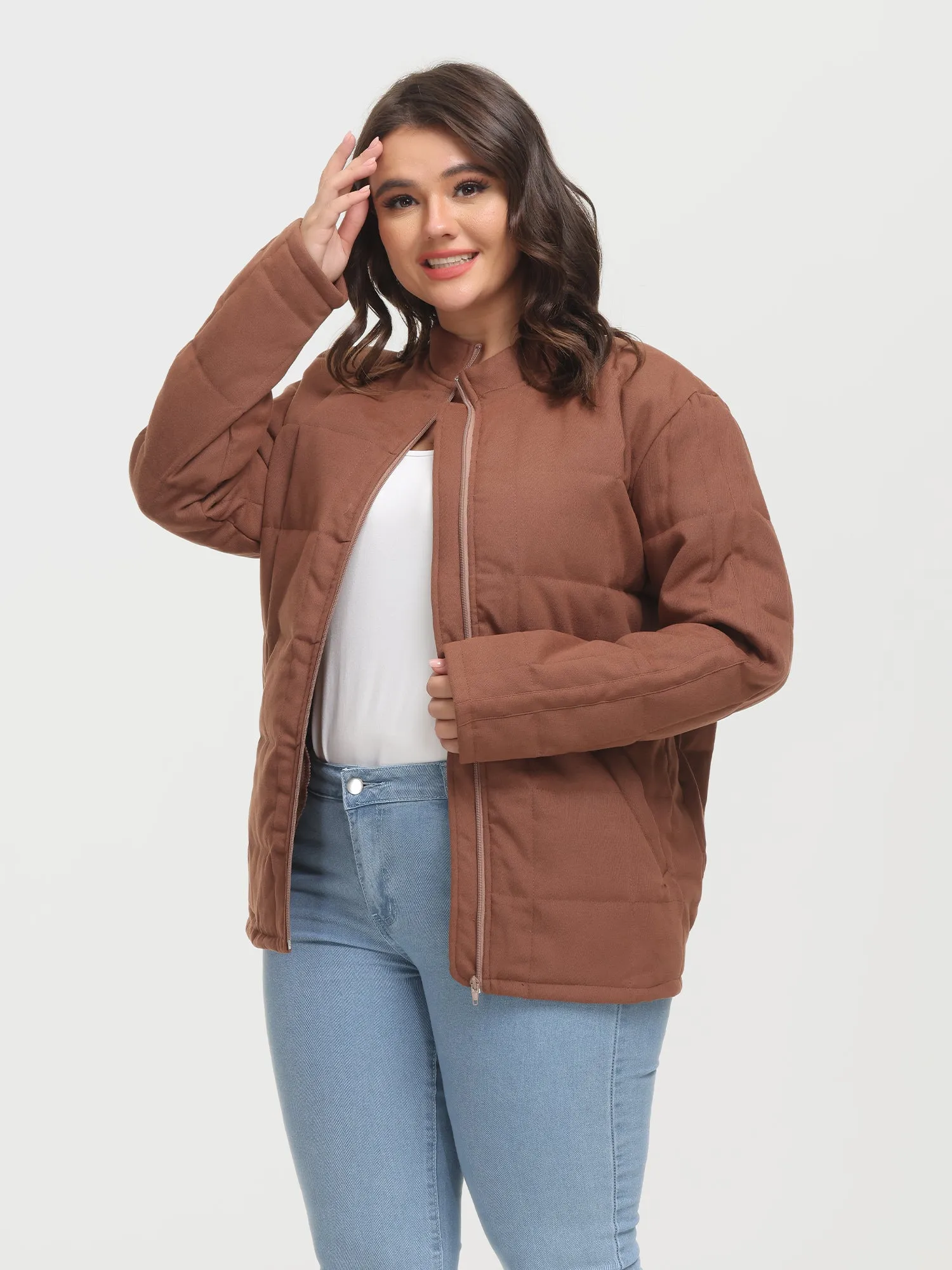 Midsize Zip-Up Long Sleeve Quilt Jacket with Pockets