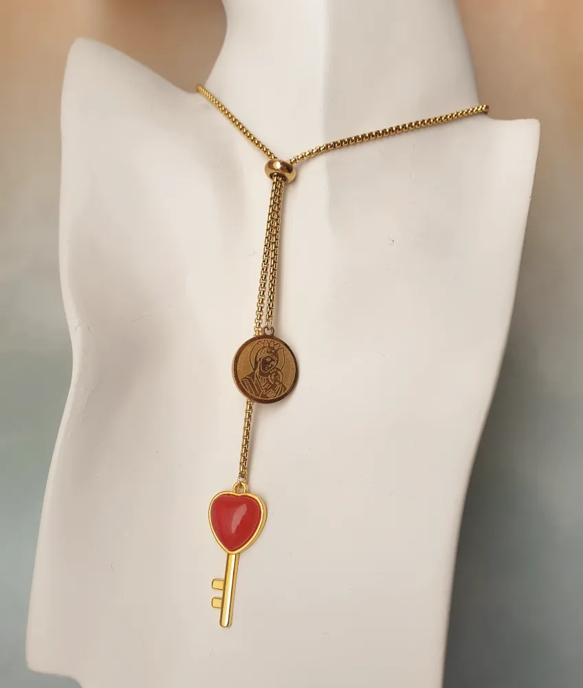 Miraculous Medal with Red Jade Heart Key Slider Necklace