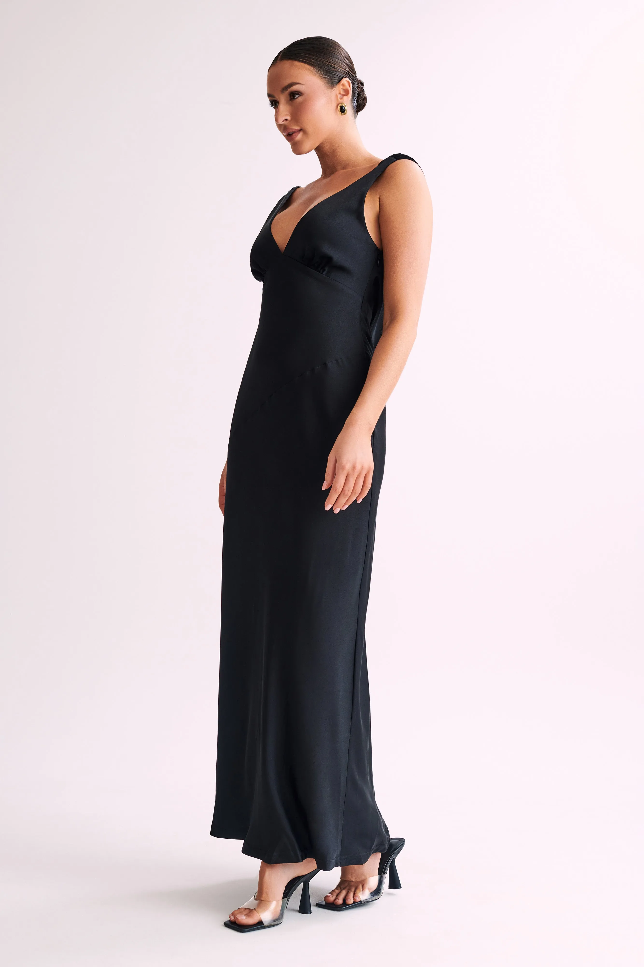 Nadia Maxi Satin Dress With Back Cowl - Black