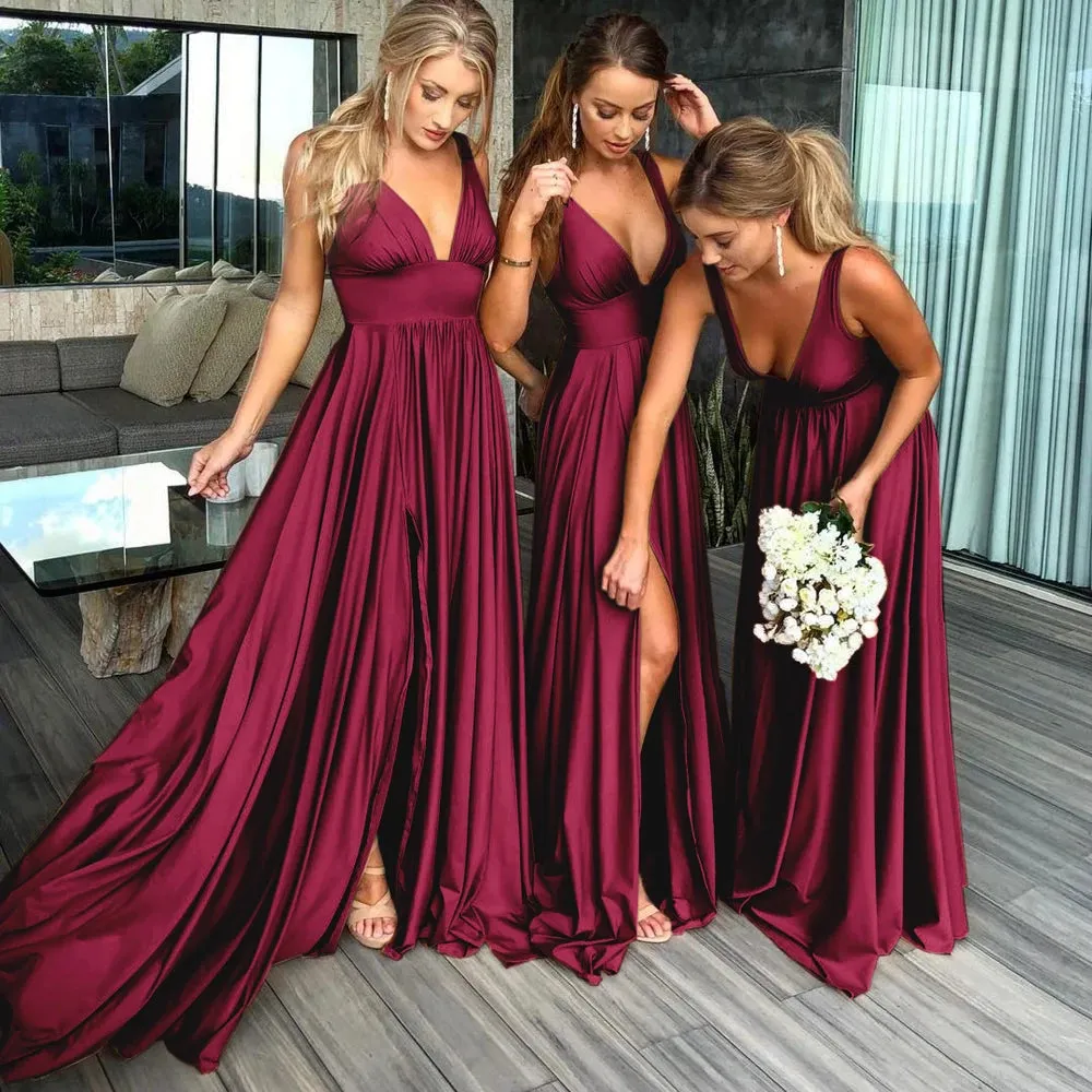 Navy Blue Long Bridesmaid Dresses For Women 2023 V Neck High Split Vestido Soft Backless Evening Prom Party Gowns Robe De Soiree