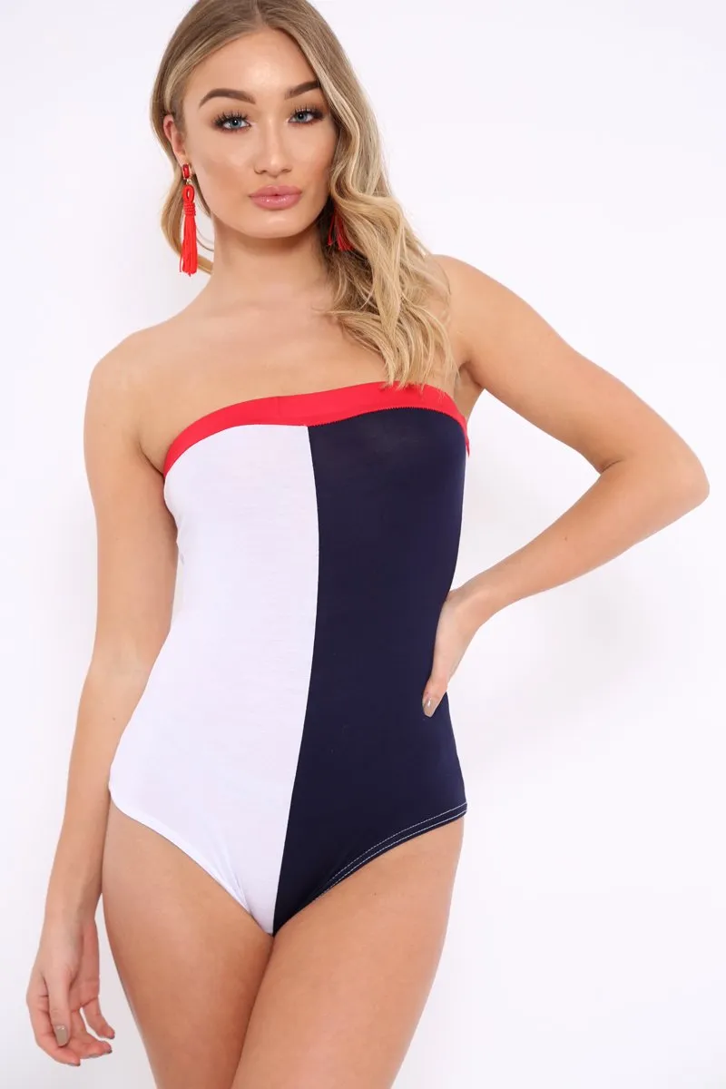 Navy White And Red Colour Block Bandeau Bodysuit - Breta