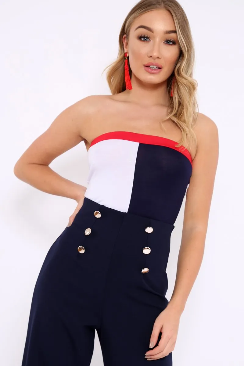 Navy White And Red Colour Block Bandeau Bodysuit - Breta