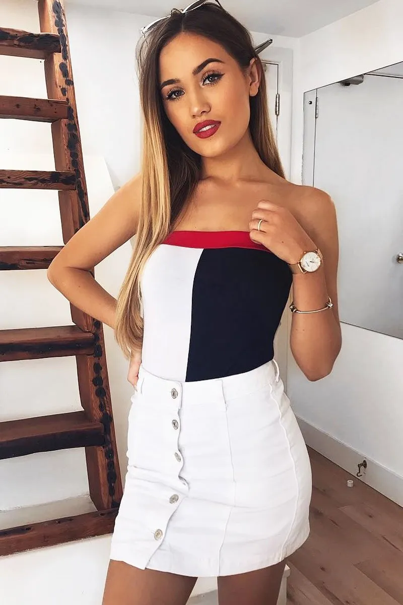 Navy White And Red Colour Block Bandeau Bodysuit - Breta