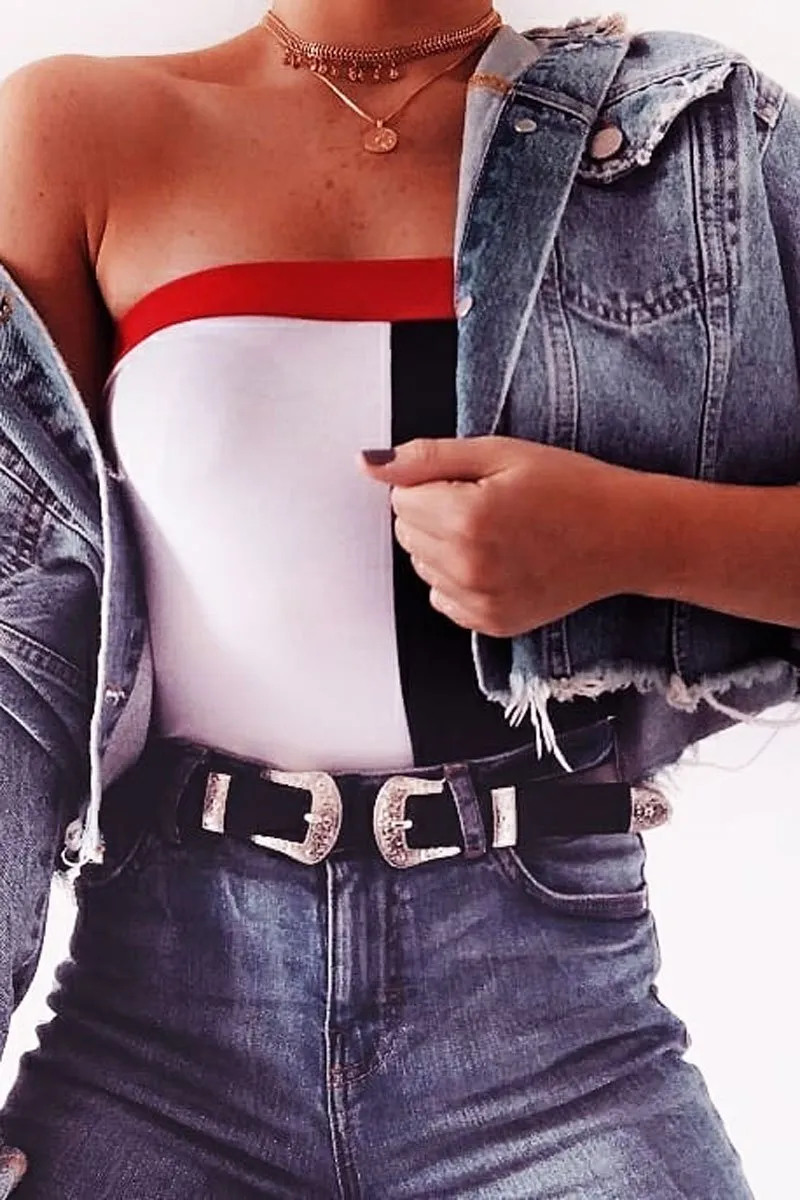 Navy White And Red Colour Block Bandeau Bodysuit - Breta