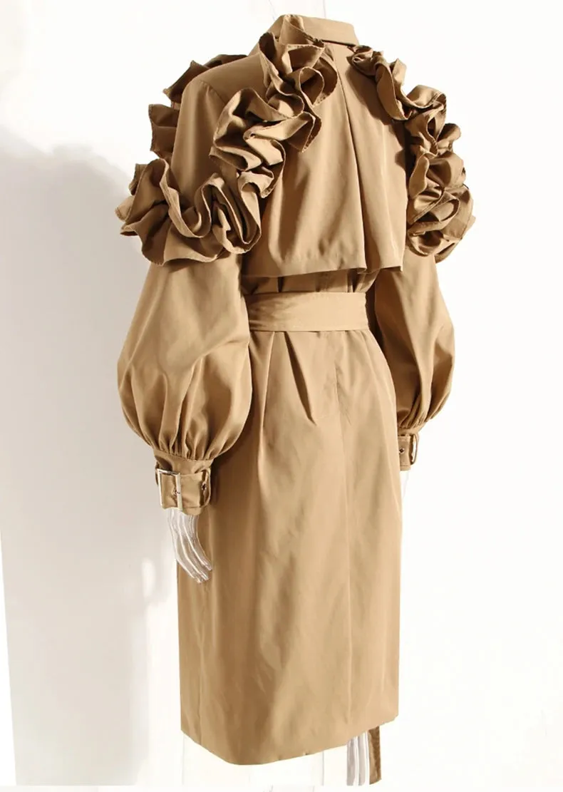 New! Luxe Elegant Ruffle Puff Sleeve Trench Coat