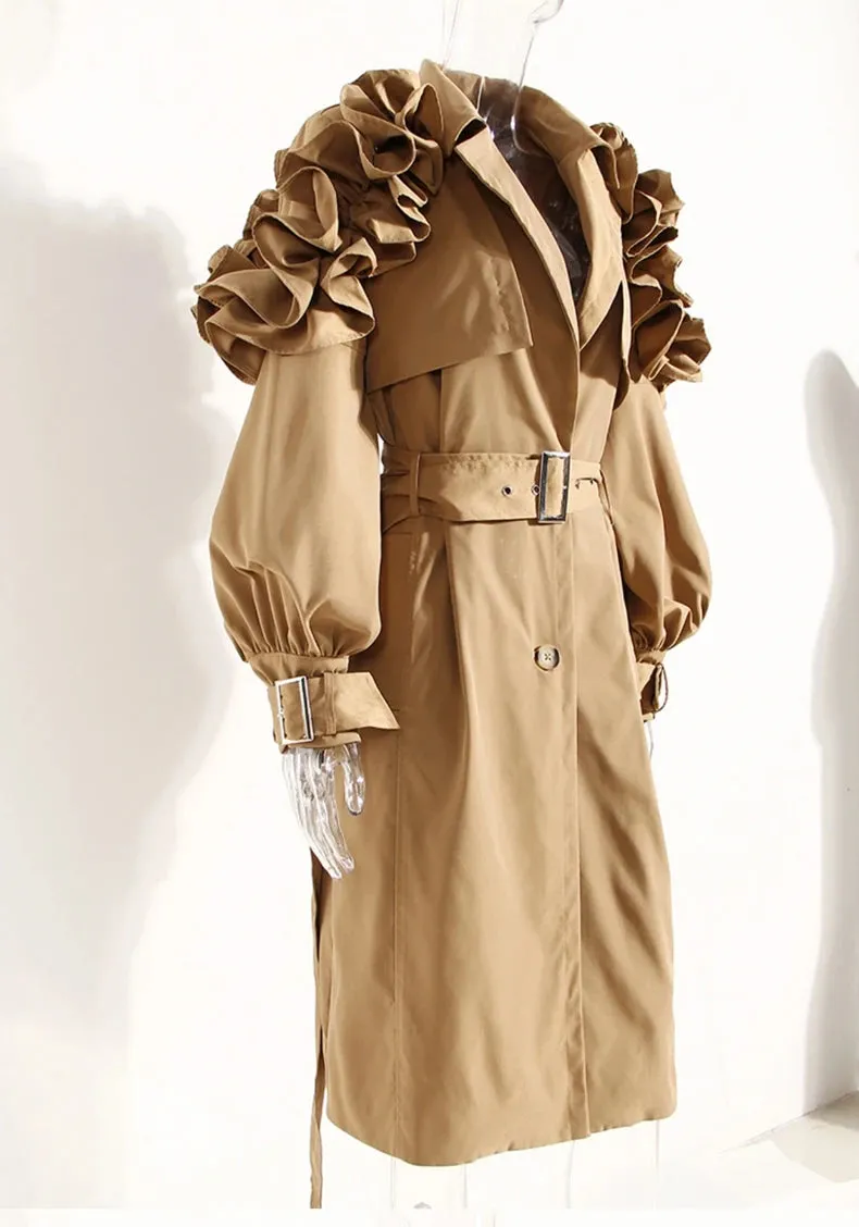 New! Luxe Elegant Ruffle Puff Sleeve Trench Coat