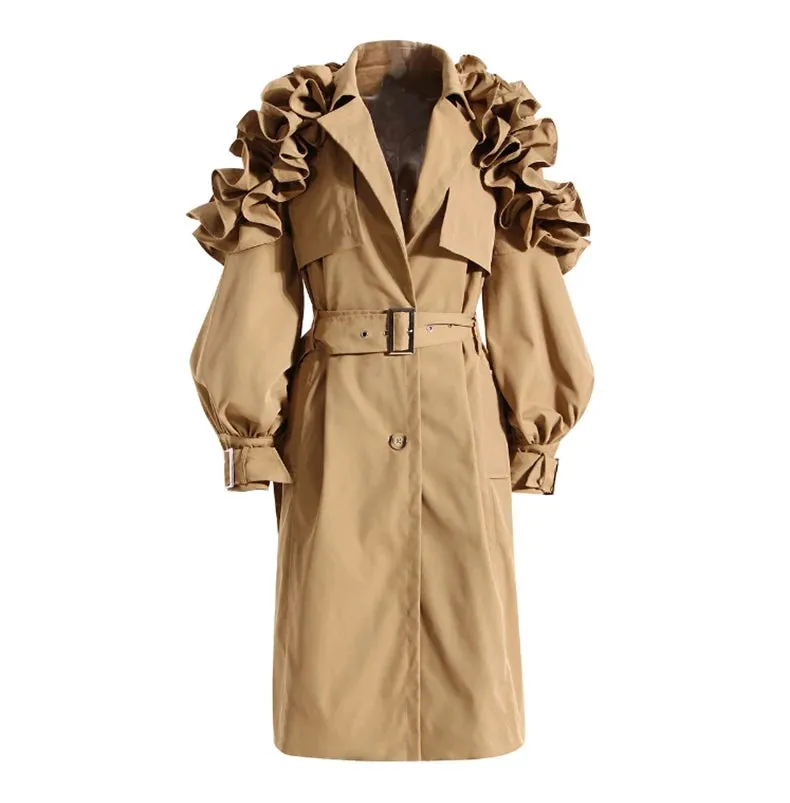 New! Luxe Elegant Ruffle Puff Sleeve Trench Coat