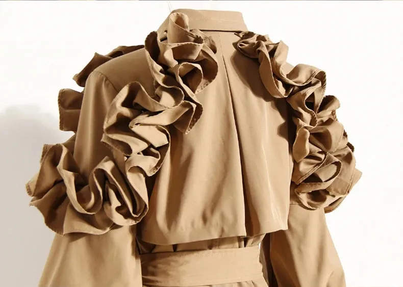 New! Luxe Elegant Ruffle Puff Sleeve Trench Coat