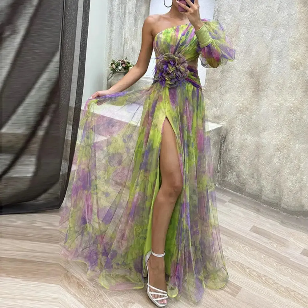 Off-shoulder A-line Evening Dress Elegant One Shoulder Tie-dye Ball Gown with Mesh Bubble Sleeve Split Hem Women's Floor Length